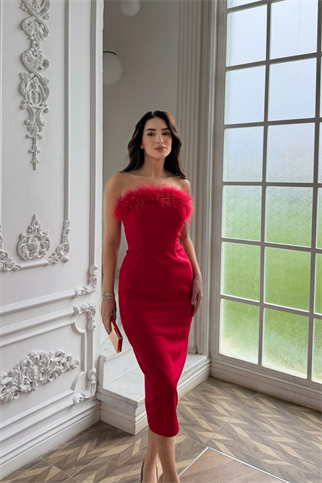 Efsun Straplez Otriş Detay Midi Elbise 9309 KIRMIZI