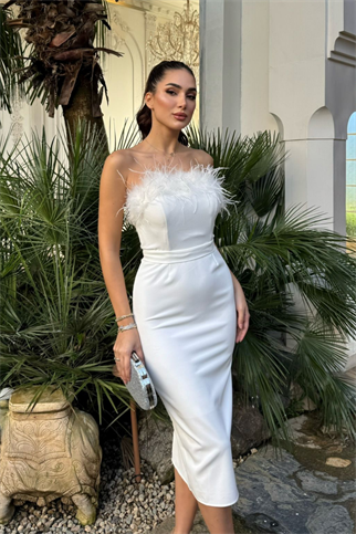 Efsun Straplez Otriş Detay Midi Elbise 9309 BEYAZ