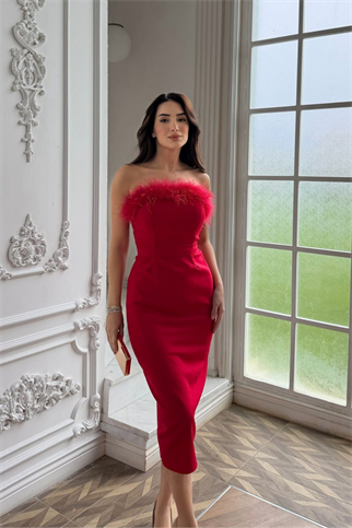 Efsun Straplez Otriş Detay Midi Elbise 9309 KIRMIZI