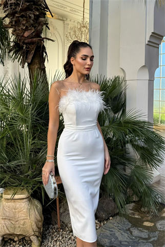 Efsun Straplez Otriş Detay Midi Elbise 9309 BEYAZ