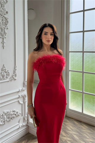 Efsun Straplez Otriş Detay Midi Elbise 9309 KIRMIZI