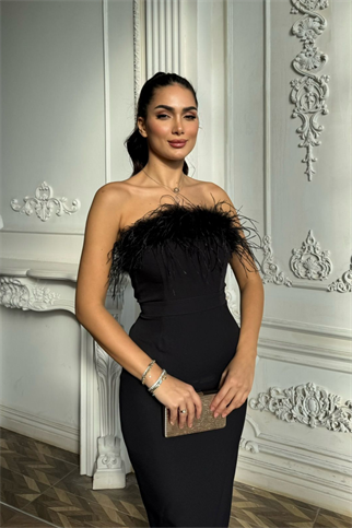 Efsun Straplez Otriş Detay Midi Elbise 9309 SİYAH