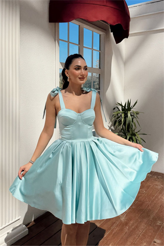 Elçin Balon Etek Askı Kurdele Mini  Elbise 1004