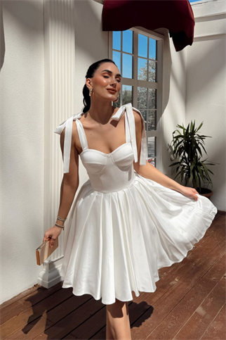 Elçin Balon Etek Askı Kurdele Mini  Elbise 1004