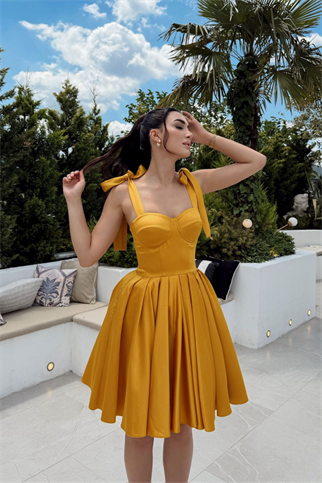 Elçin Balon Etek Askı Kurdele Mini  Elbise 1004
