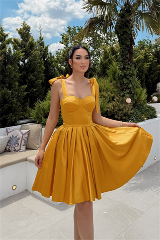 Elçin Balon Etek Askı Kurdele Mini  Elbise 1004