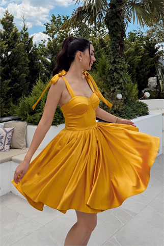 Elçin Balon Etek Askı Kurdele Mini  Elbise 1004