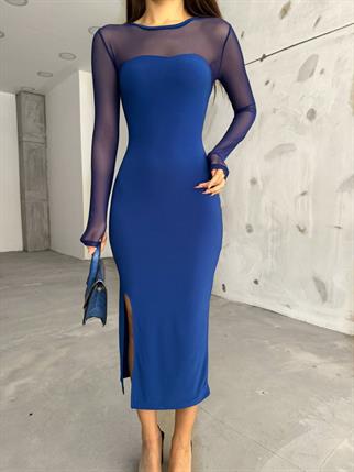 Elenor Tül Detaylı Elbise 12050 SAKS MAVİSİ