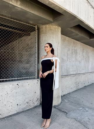Elina Omuz Fiyonklu Elbise 582938 SİYAH