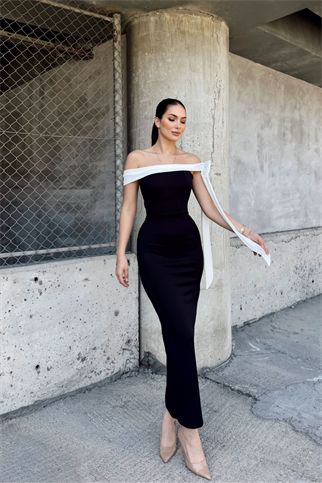 Elina Omuz Fiyonklu Elbise 582938 SİYAH