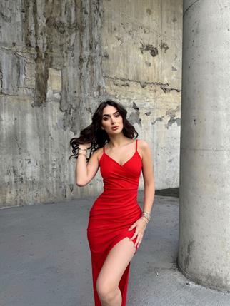 Emily Kruvaze Yaka İp Askı Yırtmaçlı Abiye 582193 KIRMIZI