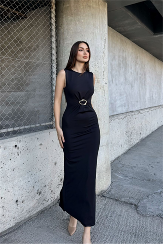 Erna Toka Detaylı Sıfır Kol Midi Elbise 13609 SİYAH