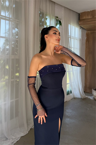 Esin Straplez Kolları Tül Midi Elbise 1079