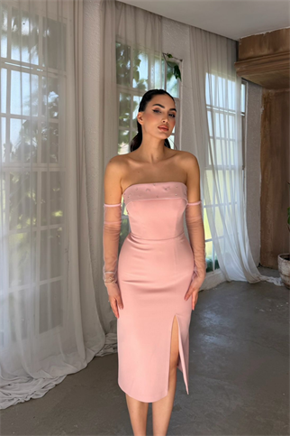 Esin Straplez Kolları Tül Midi Elbise 1079