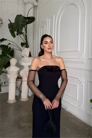 Esin Straplez Kolları Tül Midi Elbise 1079