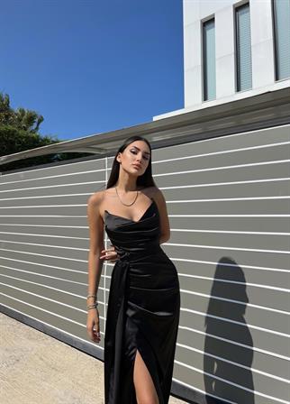 Evan Straplez Ön Detay Saten Abiye 9323 SİYAH