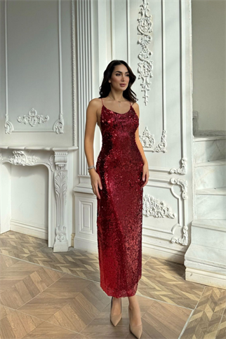 Evin Payetli Sırt Dekolteli Elbise 14201 BORDO