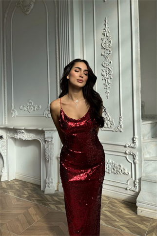 Evin Payetli Sırt Dekolteli Elbise 14201 BORDO