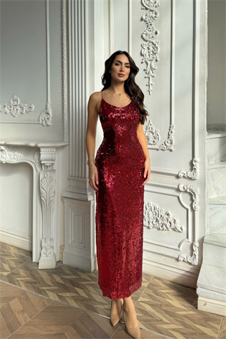 Evin Payetli Sırt Dekolteli Elbise 14201 BORDO