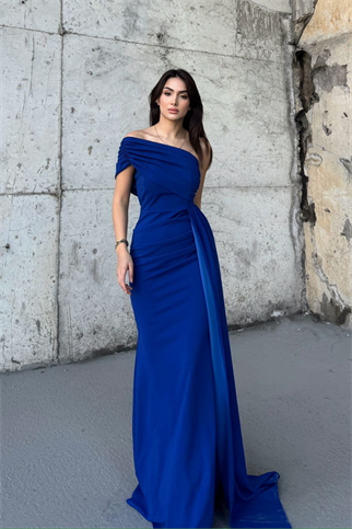 Ewo Kuyruklu Tek Omuz Abiye SAKS MAVİSİ