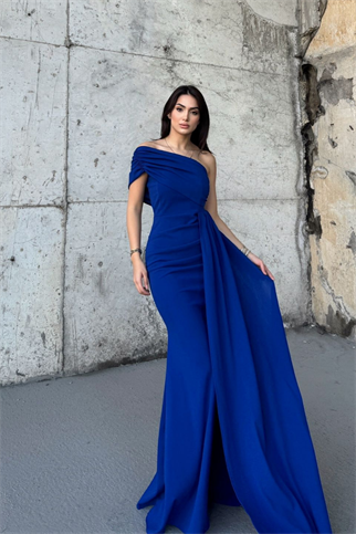 Ewo Kuyruklu Tek Omuz Abiye SAKS MAVİSİ