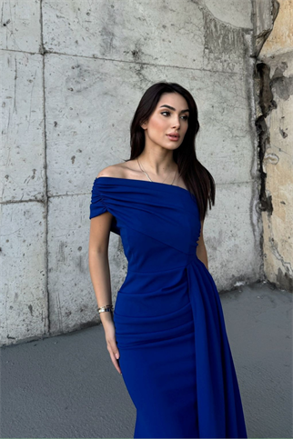 Ewo Kuyruklu Tek Omuz Abiye SAKS MAVİSİ