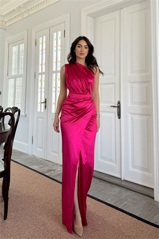 Fiona Tek Kol Drapeli Saten Abiye 582856 FUŞYA