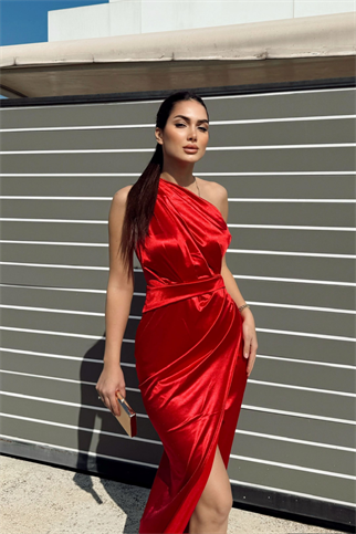 Fiona Tek Kol Drapeli Saten Abiye 582856 KIRMIZI