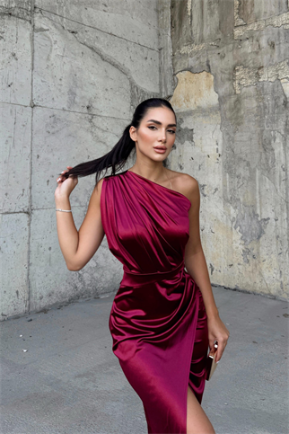 Fiona Tek Kol Drapeli Saten Abiye 582856 BORDO