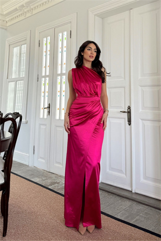 Fiona Tek Kol Drapeli Saten Abiye 582856 FUŞYA