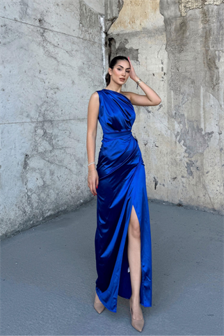 Fiona Tek Kol Drapeli Saten Abiye 582856 SAKS MAVİSİ