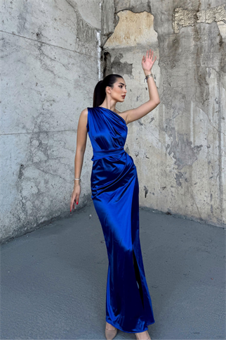 Fiona Tek Kol Drapeli Saten Abiye 582856 SAKS MAVİSİ