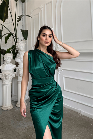 Fiona Tek Kol Drapeli Saten Abiye 582856 ZÜMRÜT