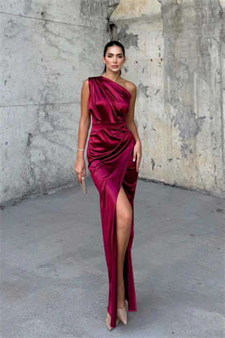 Fiona Tek Kol Drapeli Saten Abiye 582856 BORDO