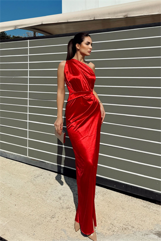 Fiona Tek Kol Drapeli Saten Abiye 582856 KIRMIZI