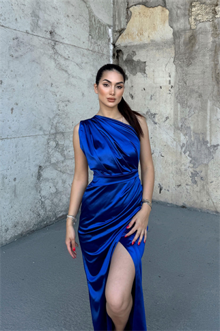 Fiona Tek Kol Drapeli Saten Abiye 582856 SAKS MAVİSİ
