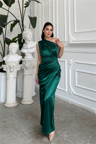 Fiona Tek Kol Drapeli Saten Abiye 582856 ZÜMRÜT
