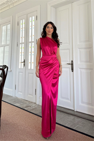 Fiona Tek Kol Drapeli Saten Abiye 582856 FUŞYA