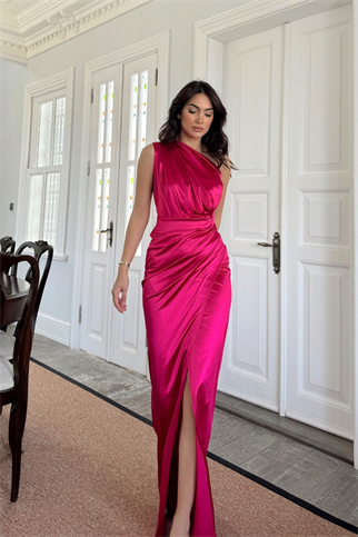 Fiona Tek Kol Drapeli Saten Abiye 582856 FUŞYA