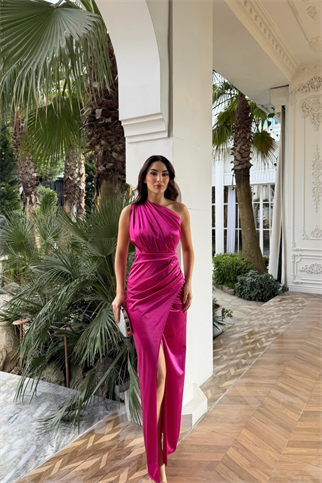 Fiona Tek Kol Drapeli Saten Abiye 582856 FUŞYA