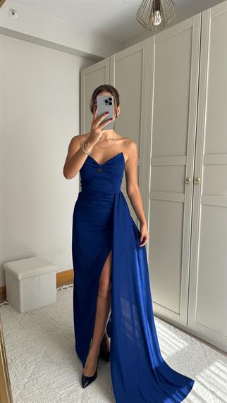 Fulya Straplez Yırtmaçlı Abiye 582467 SAKS MAVİSİ