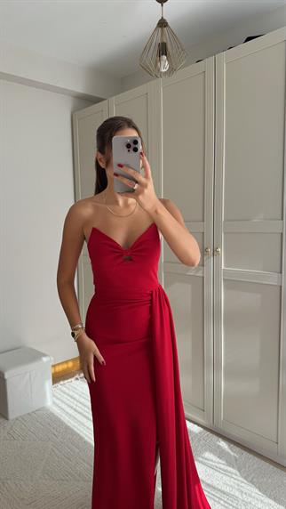 Fulya Straplez Yırtmaçlı Abiye 582467 KIRMIZI