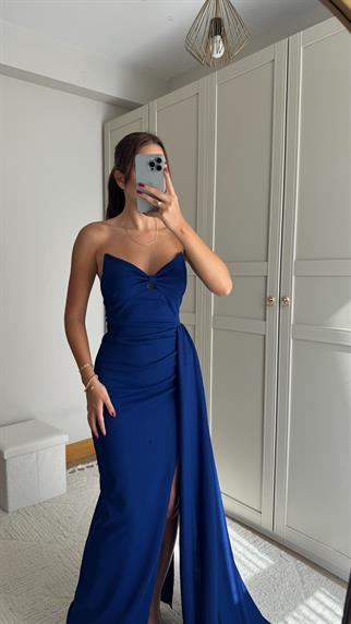 Fulya Straplez Yırtmaçlı Abiye 582467 SAKS MAVİSİ
