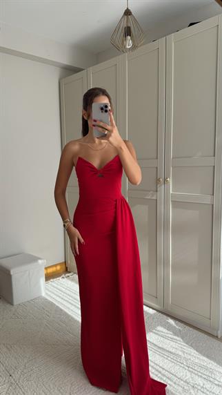 Fulya Straplez Yırtmaçlı Abiye 582467 KIRMIZI