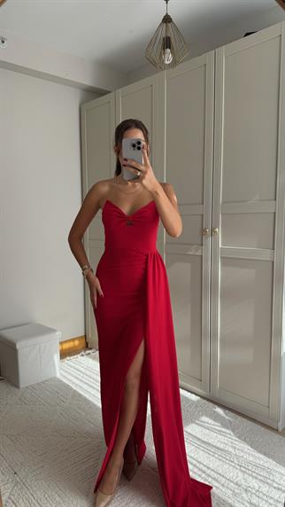 Fulya Straplez Yırtmaçlı Abiye 582467 KIRMIZI