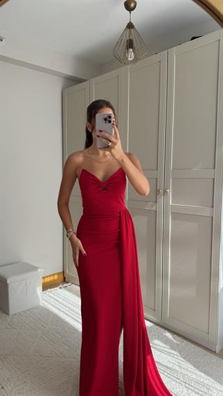 Fulya Straplez Yırtmaçlı Abiye 582467 KIRMIZI