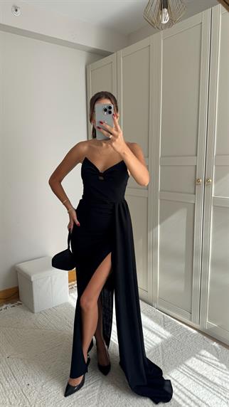 Fulya Straplez Yırtmaçlı Abiye 582467 SİYAH