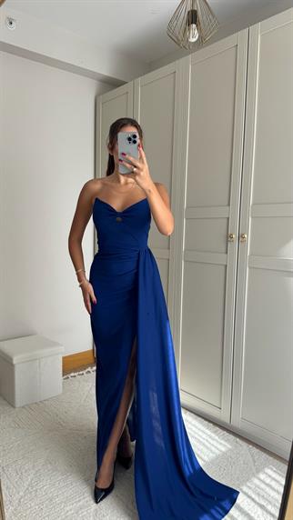 Fulya Straplez Yırtmaçlı Abiye 582467 SAKS MAVİSİ