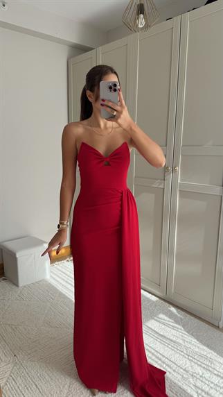 Fulya Straplez Yırtmaçlı Abiye 582467 KIRMIZI
