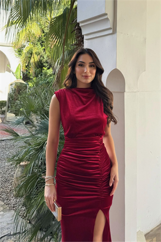 Gabriella Vatkalı Yırtmaçlı Kadife Abiye 9338 KIRMIZI